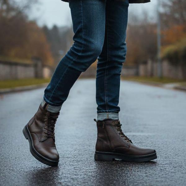 Kahve Önden Bağcıklı Yandan Fermuarlı Hakiki Deri Erkek Bot