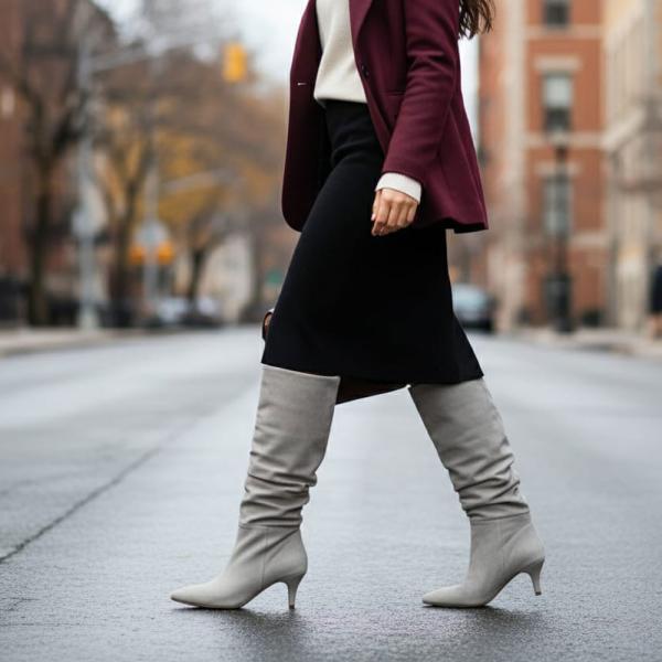 Bej Nubuk İnce Taban Körüklü Dizaltı Sivri Burun Kadın Çizme