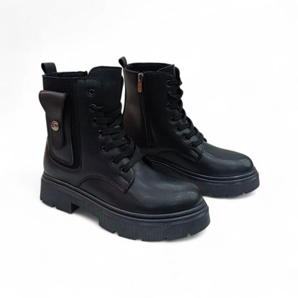 Siyah Cep Bağcık Detaylı Fermuarlı Kadın Bot