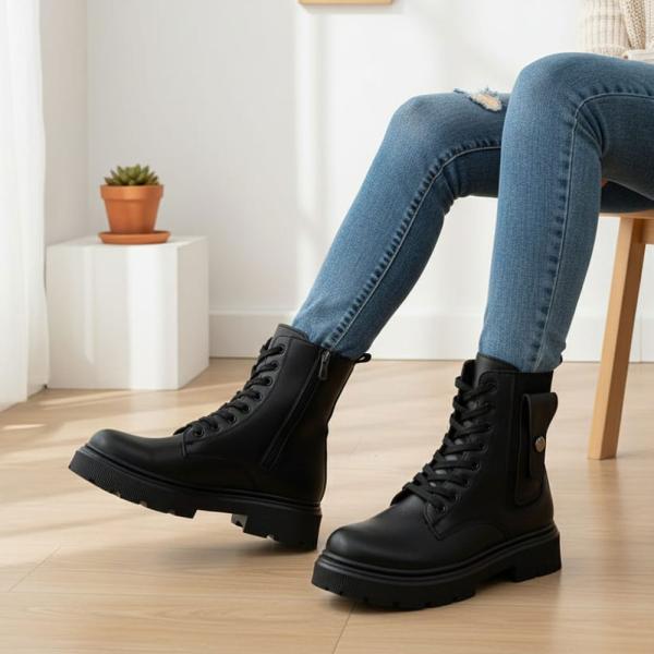 Siyah Cep Bağcık Detaylı Fermuarlı Kadın Bot