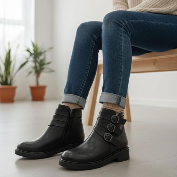 Siyah Cilt Toka Detaylı Yandan Fermuarlı Kısa Topuklu Kadın Bot