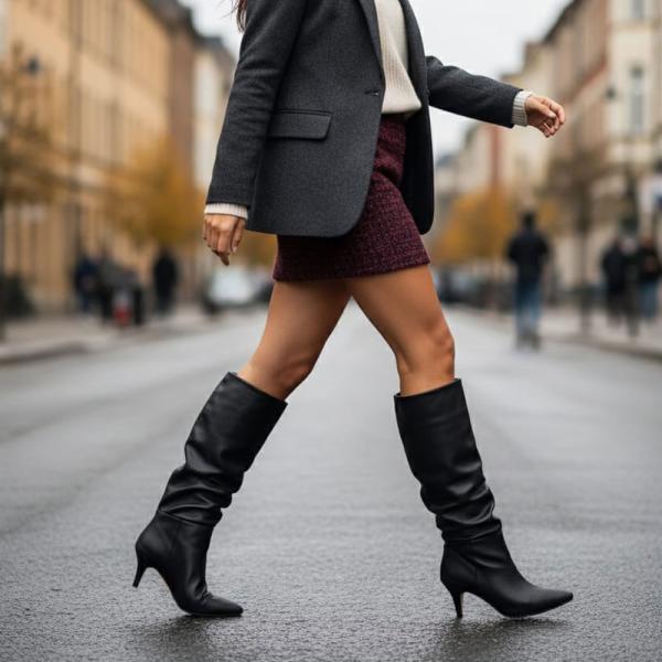 Siyah İnce Taban Körüklü Dizaltı Sivri Burun Kadın Çizme