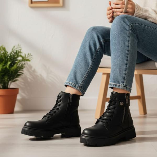 Siyah Kemer Bağcıkl Detaylı Yandan Fermuarlı Kadın Kısa Bot