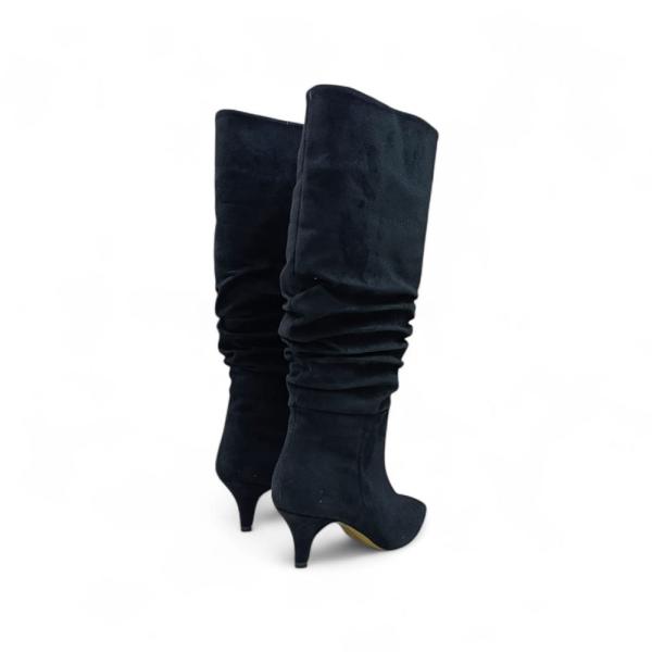 Siyah Süet İnce Taban Körüklü Dizaltı Sivri Burun Kadın Çizme