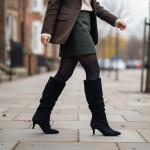 Siyah Süet İnce Taban Körüklü Dizaltı Sivri Burun Kadın Çizme