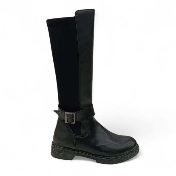 Siyah Toka Detaylı Arkası Lastik Strec Kadın Çizme