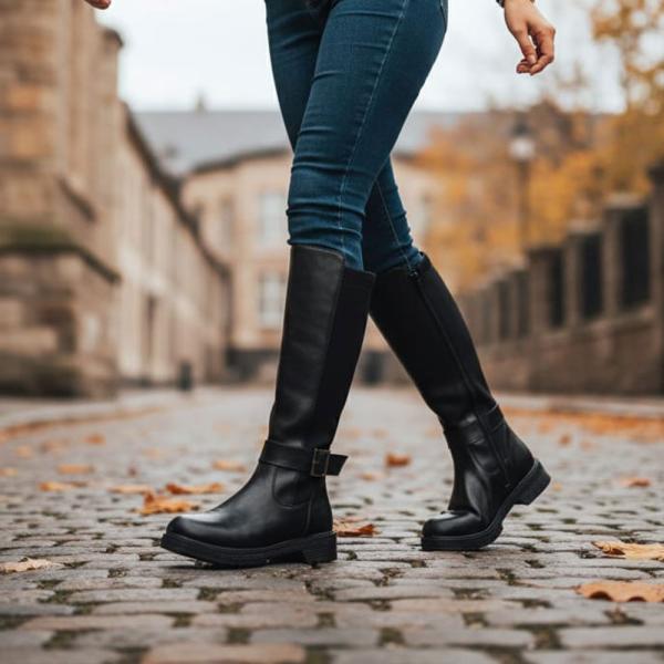 Siyah Toka Detaylı Arkası Lastik Strec Kadın Çizme