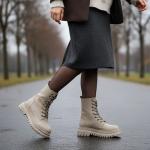 Bej Bağcıklı Yandan Fermuarlı Sıcak Astarlı Kadın Bot