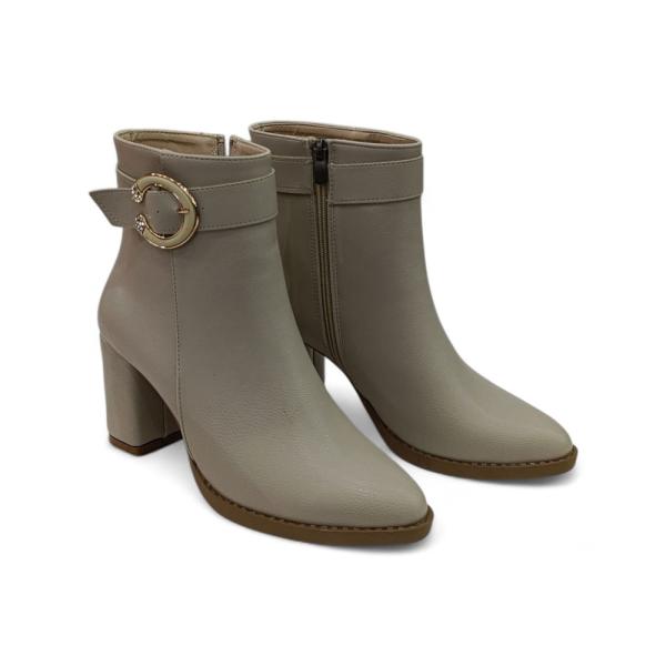 Bej Toka Detaylı Yandan Fermuarlı Kalın Topuklu Kadın Bot