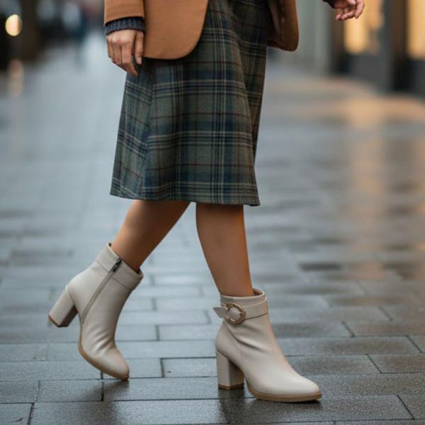 Bej Toka Detaylı Yandan Fermuarlı Kalın Topuklu Kadın Bot