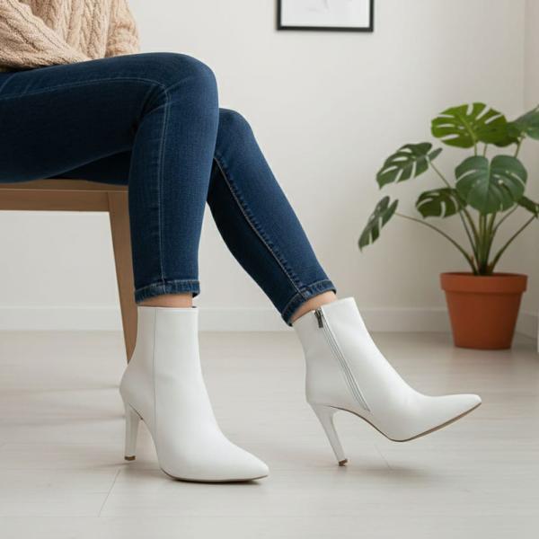 Beyaz Beyaz Yandan Fermuarlı İnci Topuklu Kadın Bot