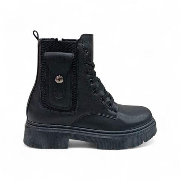 Siyah Cep Bağcık Detaylı Fermuarlı Kadın Bot