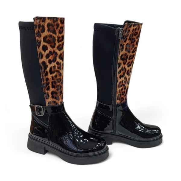Siyah Rugan Leopar Toka Detaylı Arkası Lastik Strec Kadın Çizme