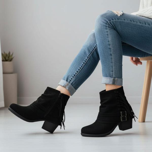 Siyah Süet Püskül Toka Detaylı Fermuarlı Detaylı Kadın Topuklu Bot