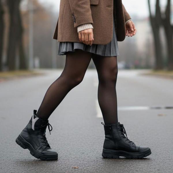 Siyah Taş Detaylı Yandan Fermuarlı Bağcıklı Kadın Bot