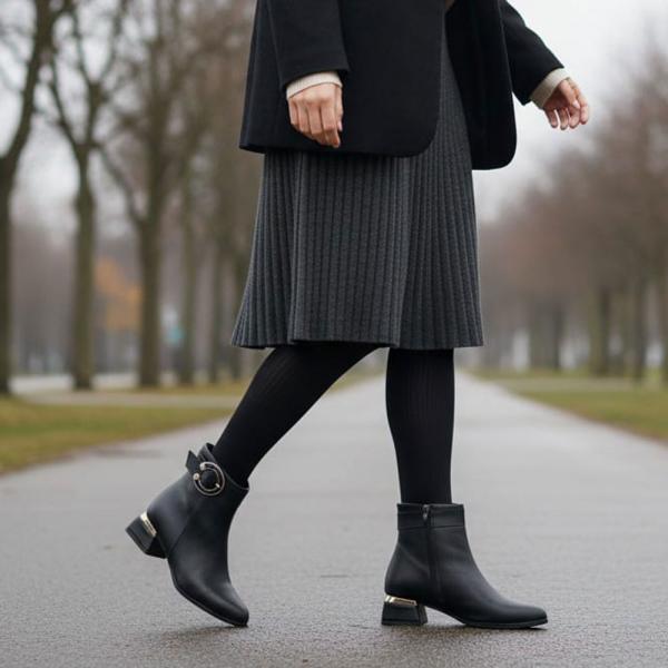 Siyah Toka Detaylı Yandan Fermuarlı Kadın Kısa Topuklu Bot